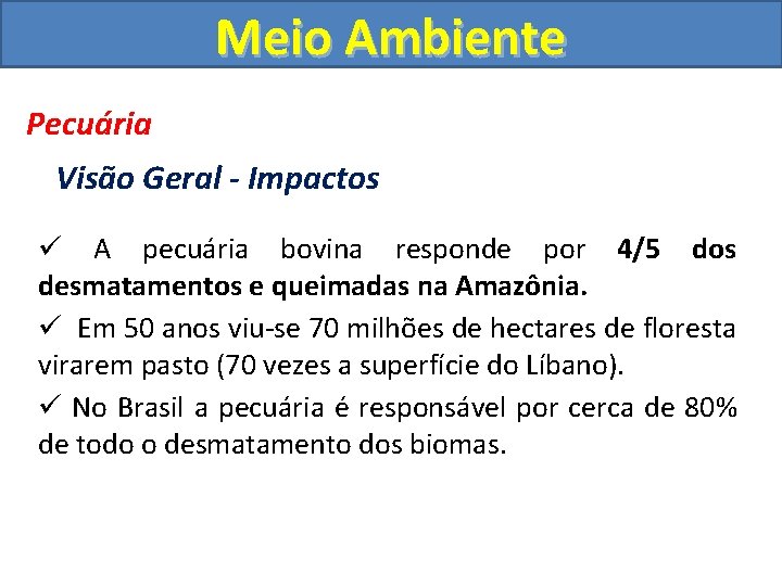 Meio Ambiente Pecuária Visão Geral - Impactos ü A pecuária bovina responde por 4/5