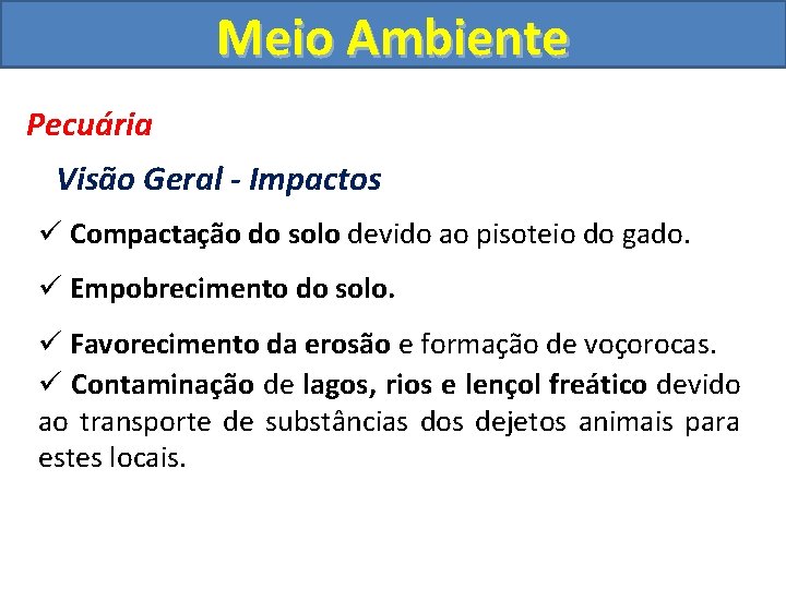 Meio Ambiente Pecuária Visão Geral - Impactos ü Compactação do solo devido ao pisoteio