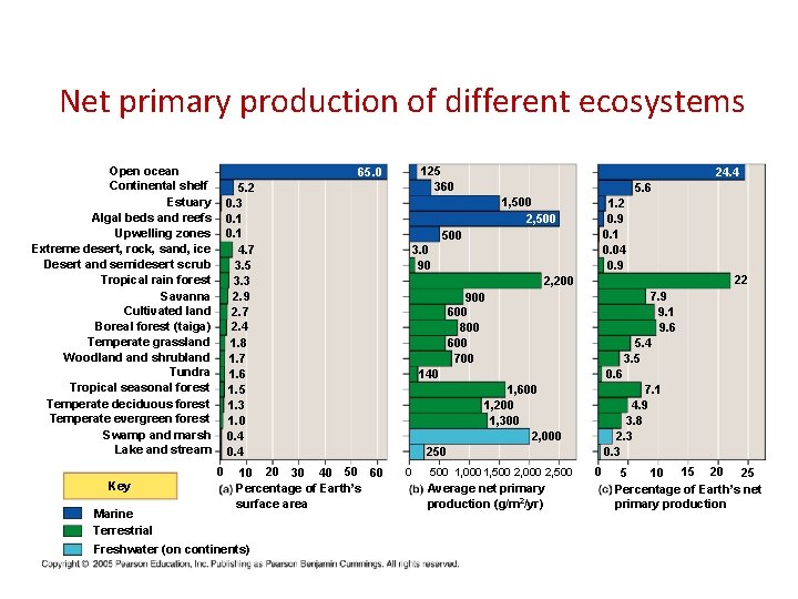 Net primary production of different ecosystems Open ocean Continental shelf Estuary Algal beds and