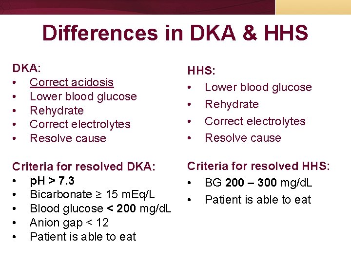 Differences in DKA & HHS DKA: • Correct acidosis • Lower blood glucose • Differences in DKA & HHS DKA: • Correct acidosis • Lower blood glucose •