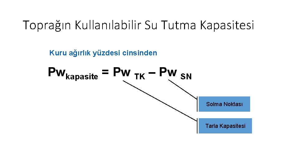 Toprağın Kullanılabilir Su Tutma Kapasitesi Kuru ağırlık yüzdesi cinsinden Pwkapasite = Pw TK –