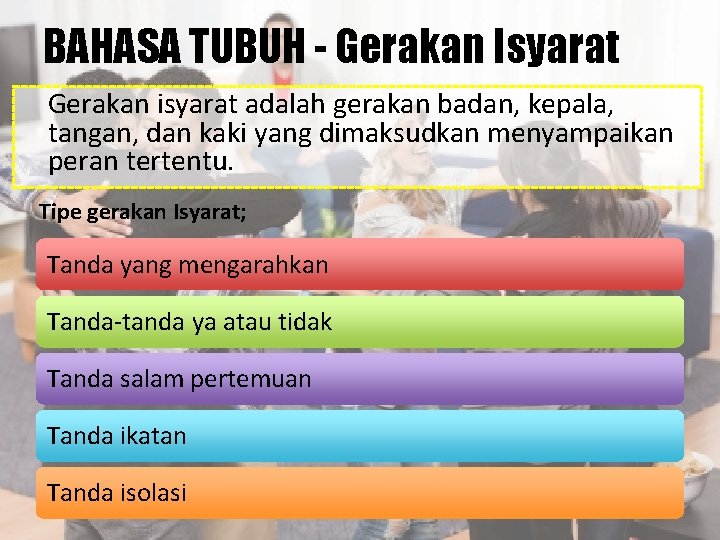 BAHASA TUBUH - Gerakan Isyarat Gerakan isyarat adalah gerakan badan, kepala, tangan, dan kaki