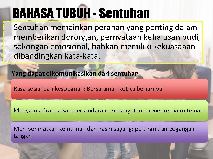 BAHASA TUBUH - Sentuhan memainkan peranan yang penting dalam memberikan dorongan, pernyataan kehalusan budi,