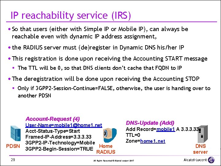 IP reachability service (IRS) · So that users (either with Simple IP or Mobile