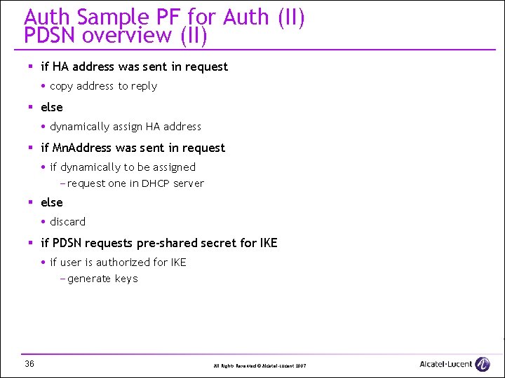 Auth Sample PF for Auth (II) PDSN overview (II) § if HA address was