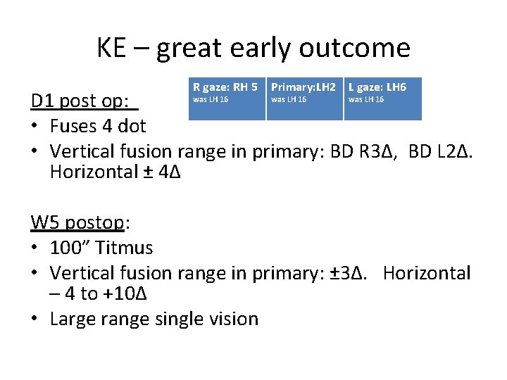 KE – great early outcome R gaze: RH 5 Primary: LH 2 L gaze: