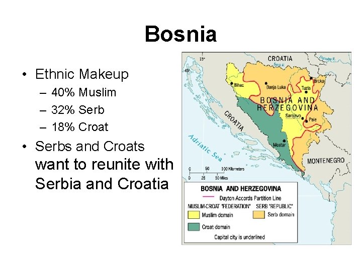 Bosnia • Ethnic Makeup – 40% Muslim – 32% Serb – 18% Croat •