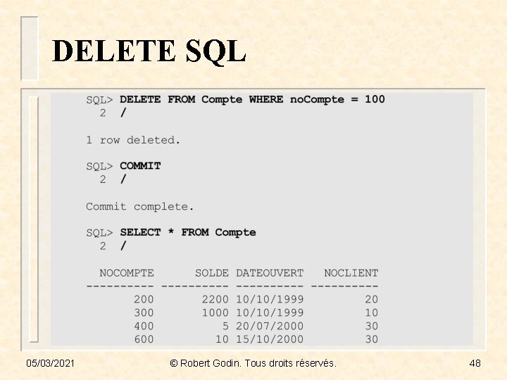 DELETE SQL 05/03/2021 © Robert Godin. Tous droits réservés. 48 