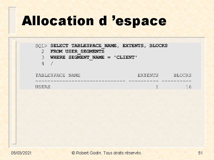 Allocation d ’espace 05/03/2021 © Robert Godin. Tous droits réservés. 51 