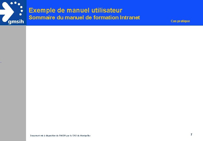 Exemple de manuel utilisateur Sommaire du manuel de formation Intranet Cas pratique Document mis