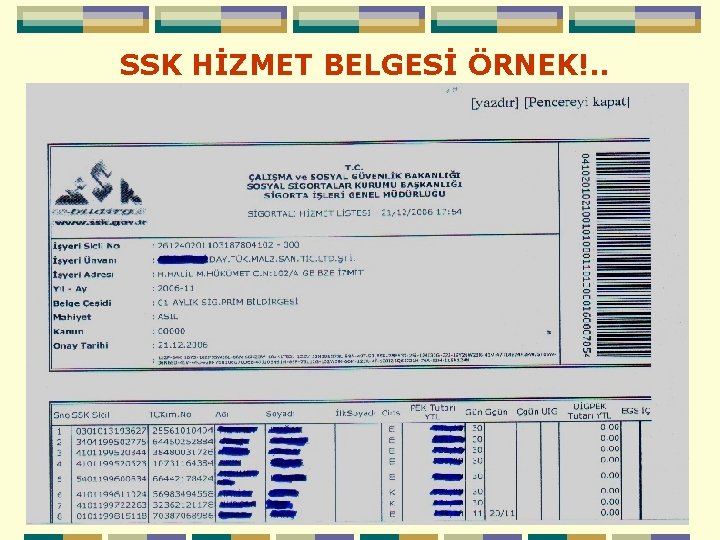 SSK HİZMET BELGESİ ÖRNEK!. . 