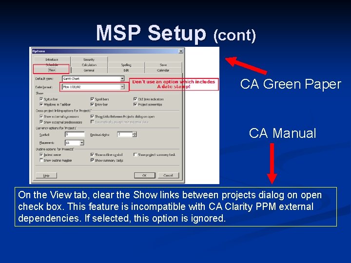 MSP Setup (cont) CA Green Paper CA Manual On the View tab, clear the