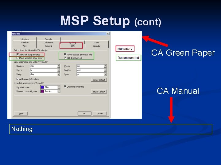 MSP Setup (cont) CA Green Paper CA Manual Nothing 