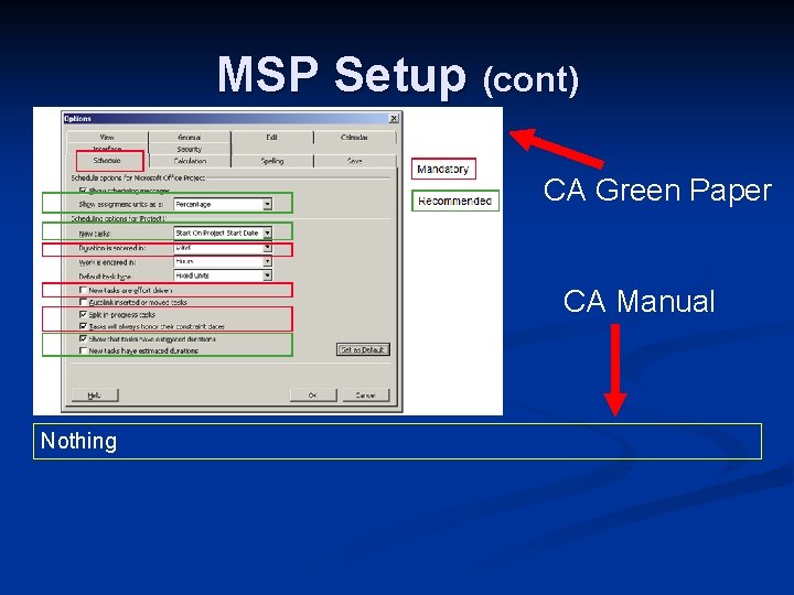 MSP Setup (cont) CA Green Paper CA Manual Nothing 