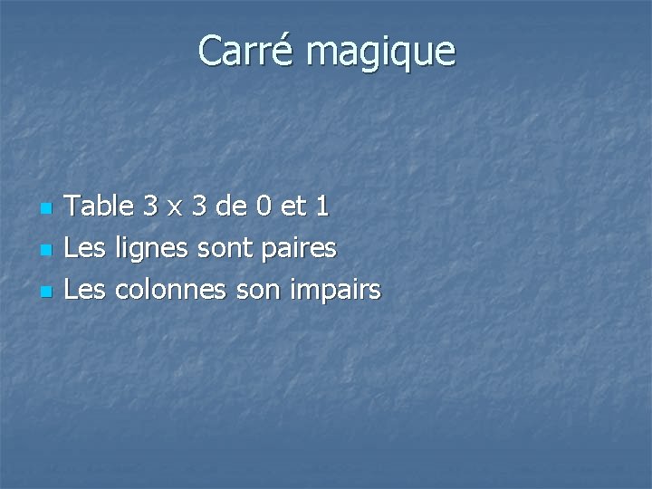 Carré magique n n n Table 3 x 3 de 0 et 1 Les