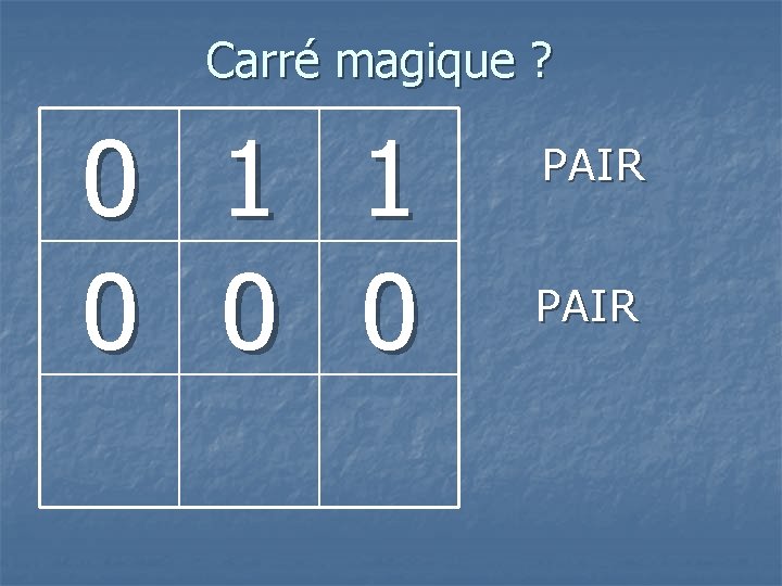 Carré magique ? 0 0 1 0 PAIR 