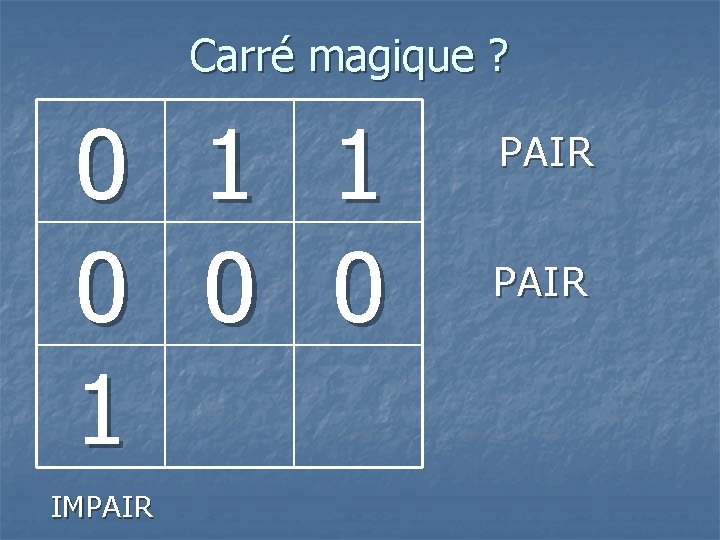 Carré magique ? 0 0 1 IMPAIR 1 0 PAIR 