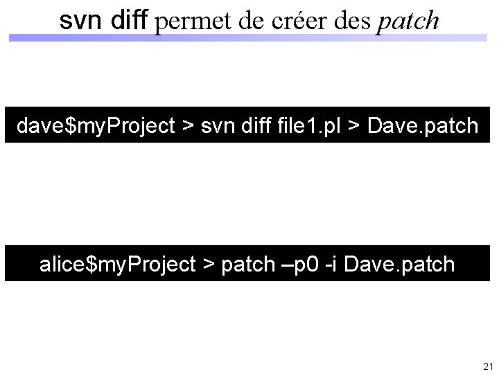 svn diff permet de créer des patch dave$my. Project > svn diff file 1.