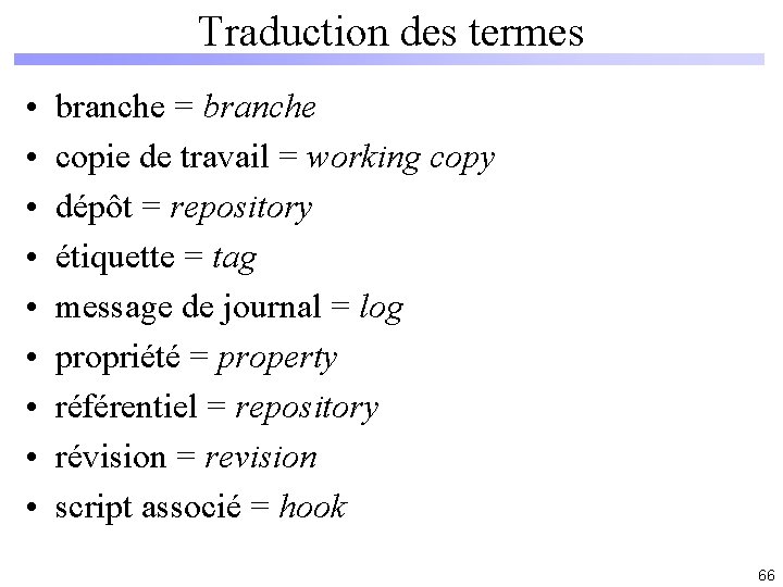 Traduction des termes • • • branche = branche copie de travail = working