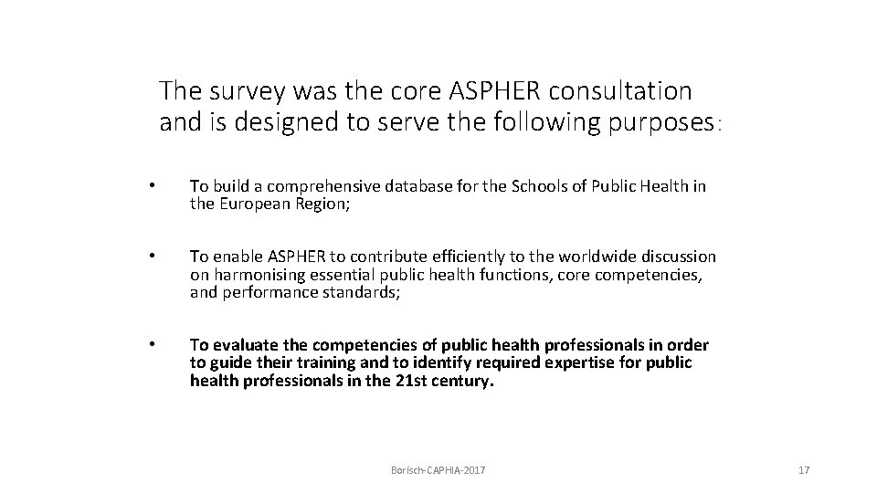 The survey was the core ASPHER consultation and is designed to serve the following