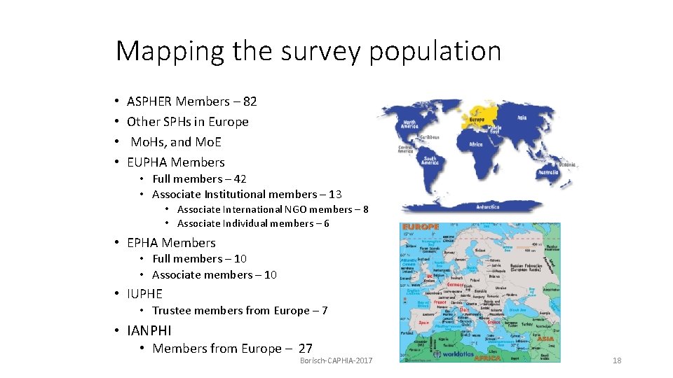 Mapping the survey population • • ASPHER Members – 82 Other SPHs in Europe