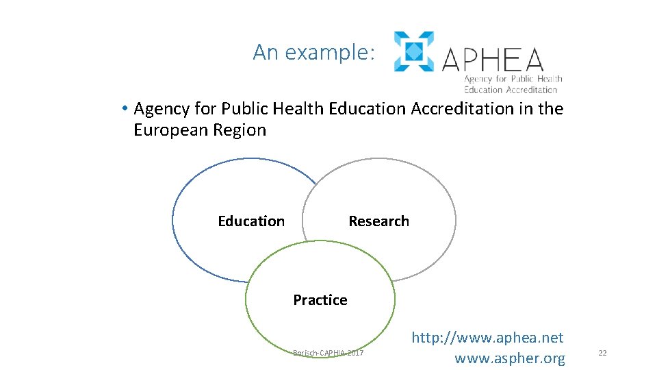 An example: • Agency for Public Health Education Accreditation in the European Region Education