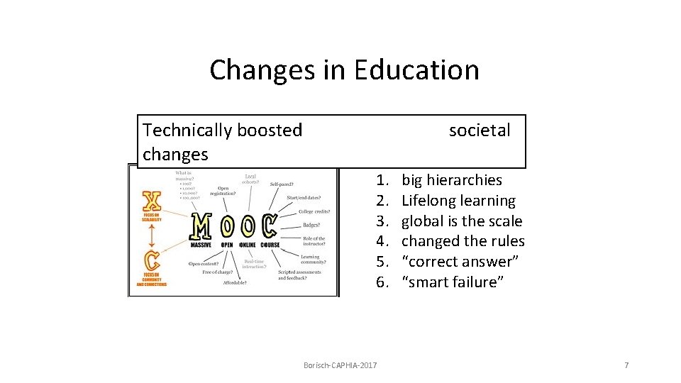 Changes in Education Technically boosted changes societal 1. 2. 3. 4. 5. 6. Borisch-CAPHIA-2017