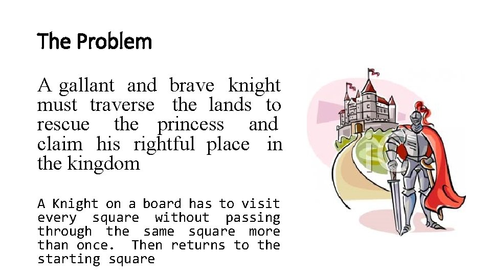 The Problem A gallant and brave knight must traverse the lands to rescue the