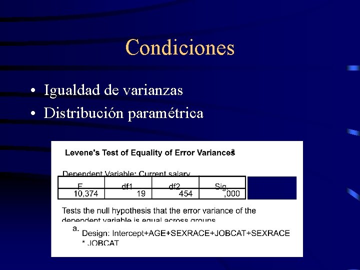 Condiciones • Igualdad de varianzas • Distribución paramétrica 