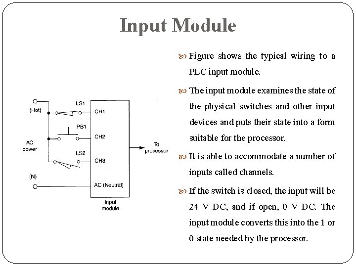 Input Module Figure shows the typical wiring to a PLC input module. The input Input Module Figure shows the typical wiring to a PLC input module. The input