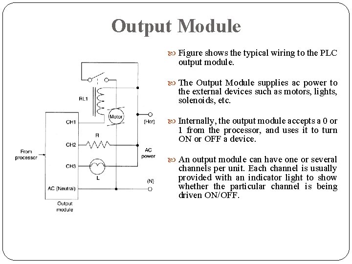 Output Module Figure shows the typical wiring to the PLC output module. The Output Output Module Figure shows the typical wiring to the PLC output module. The Output