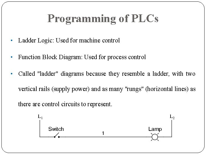 Programming of PLCs • Ladder Logic: Used for machine control • Function Block Diagram: Programming of PLCs • Ladder Logic: Used for machine control • Function Block Diagram: