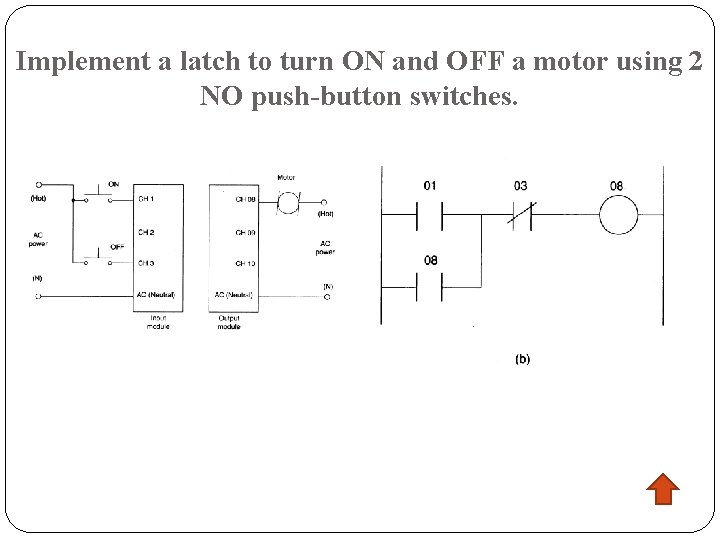 Implement a latch to turn ON and OFF a motor using 2 NO push-button Implement a latch to turn ON and OFF a motor using 2 NO push-button