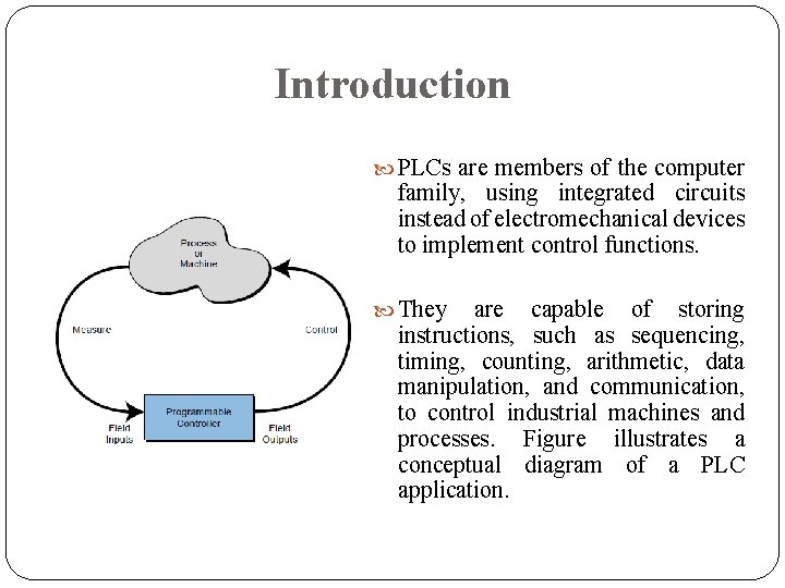 Introduction PLCs are members of the computer family, using integrated circuits instead of electromechanical Introduction PLCs are members of the computer family, using integrated circuits instead of electromechanical