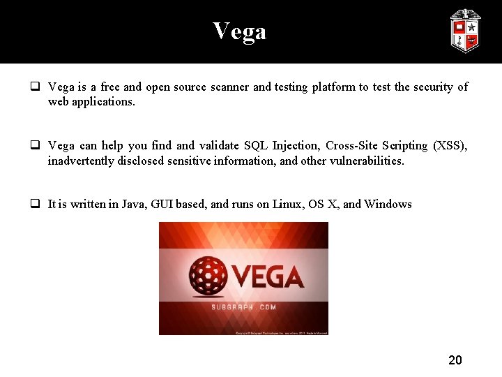 Vega q Vega is a free and open source scanner and testing platform to