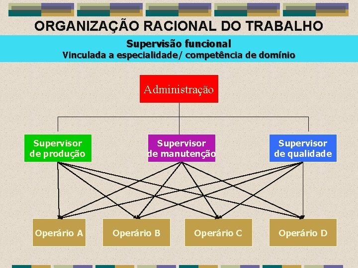 ORGANIZAÇÃO RACIONAL DO TRABALHO Supervisão funcional Vinculada a especialidade/ competência de domínio Administração Supervisor