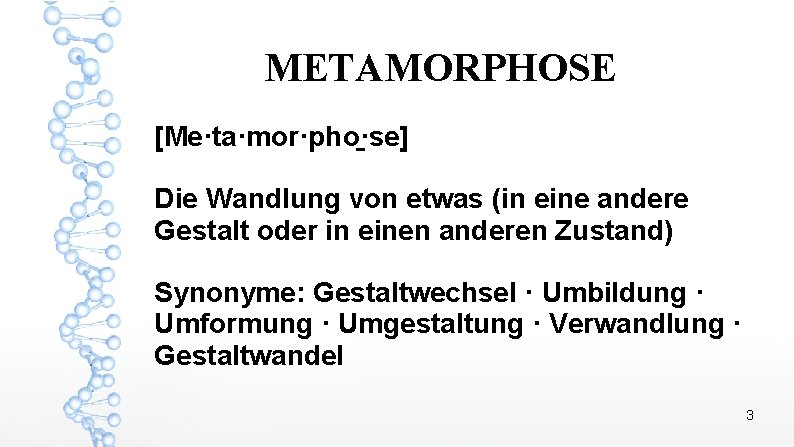 METAMORPHOSE [Me·ta·mor·pho ·se] Die Wandlung von etwas (in eine andere Gestalt oder in einen