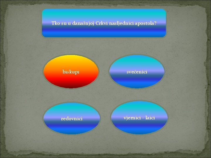 Tko su u današnjoj Crkvi nasljednici apostola? biskupi redovnici svećenici vjernici - laici 