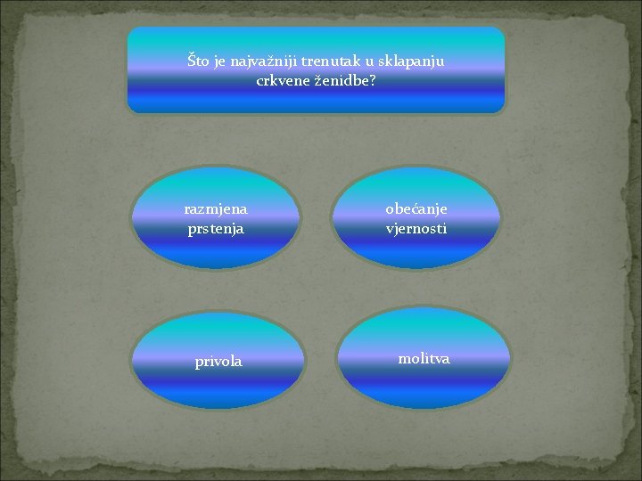 Što je najvažniji trenutak u sklapanju crkvene ženidbe? razmjena prstenja privola obećanje vjernosti molitva