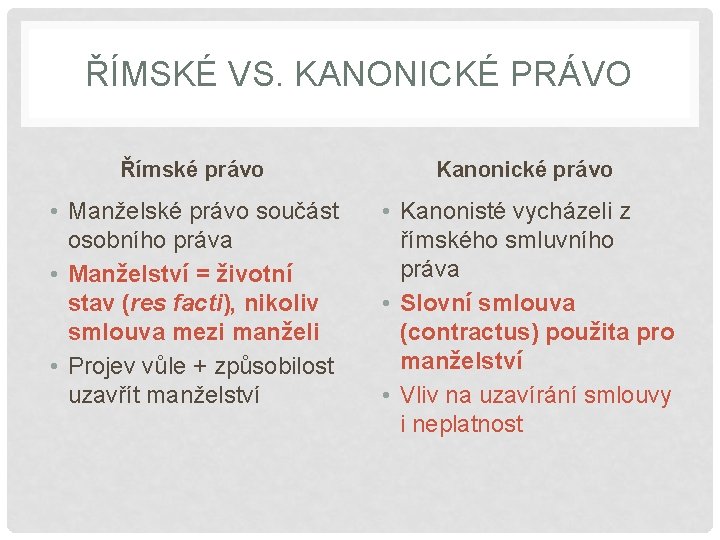 ŘÍMSKÉ VS. KANONICKÉ PRÁVO Římské právo Kanonické právo • Manželské právo součást osobního práva