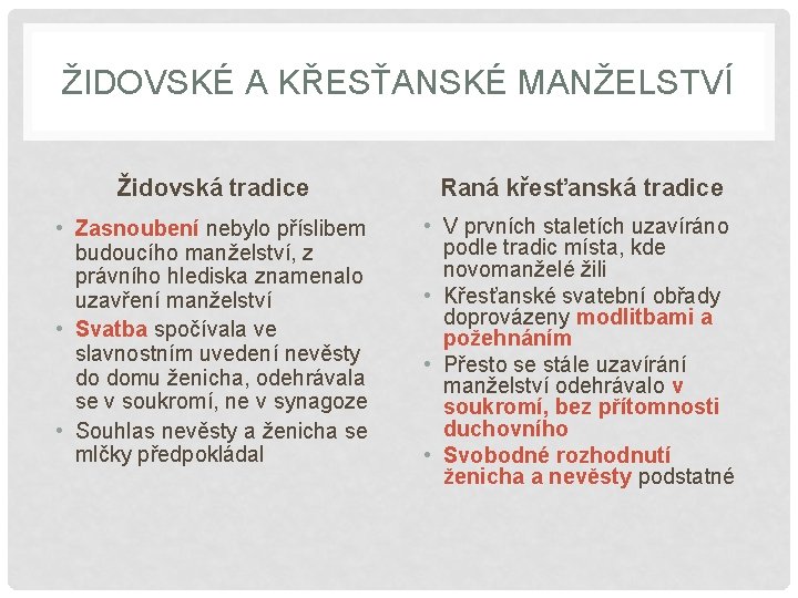 ŽIDOVSKÉ A KŘESŤANSKÉ MANŽELSTVÍ Židovská tradice Raná křesťanská tradice • Zasnoubení nebylo příslibem budoucího