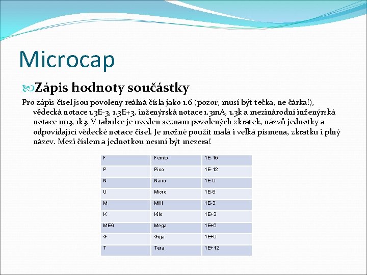 Microcap Zápis hodnoty součástky Pro zápis čísel jsou povoleny reálná čísla jako 1. 6