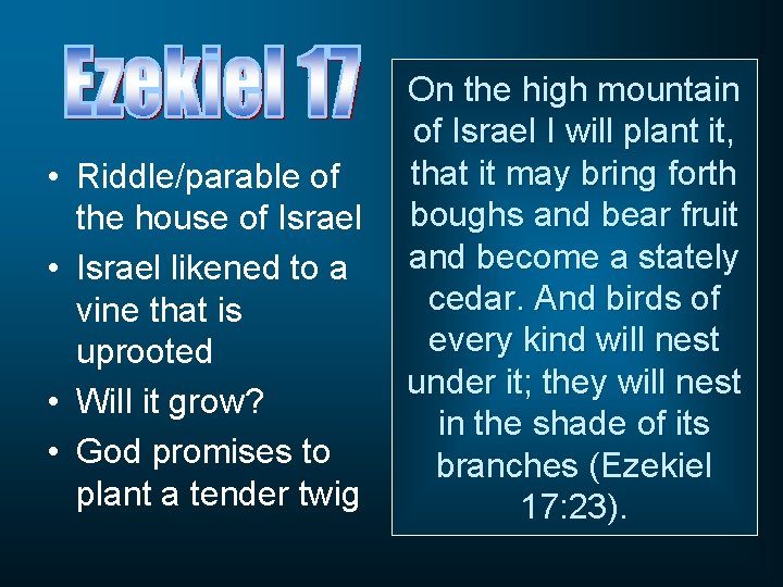  • Riddle/parable of the house of Israel • Israel likened to a vine