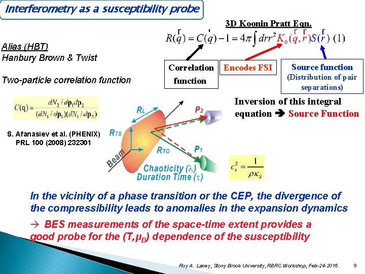 Interferometry as a susceptibility probe 3 D Koonin Pratt Eqn. Alias (HBT) Hanbury Brown