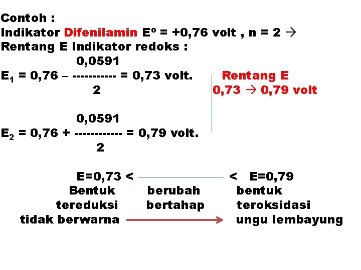 Contoh : Indikator Difenilamin Eo = +0, 76 volt , n = 2 Rentang