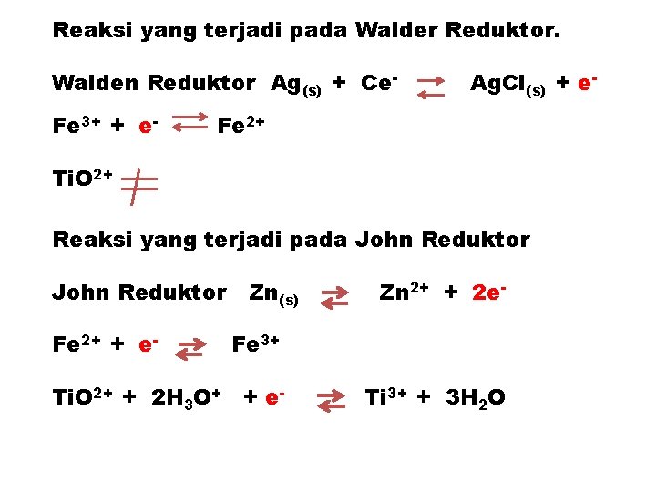 Reaksi yang terjadi pada Walder Reduktor. Walden Reduktor Ag(s) + Ce. Fe 3+ +