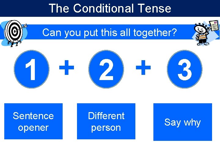 The Conditional Tense Can you put this all together? 1 + 2 + 3 The Conditional Tense Can you put this all together? 1 + 2 + 3