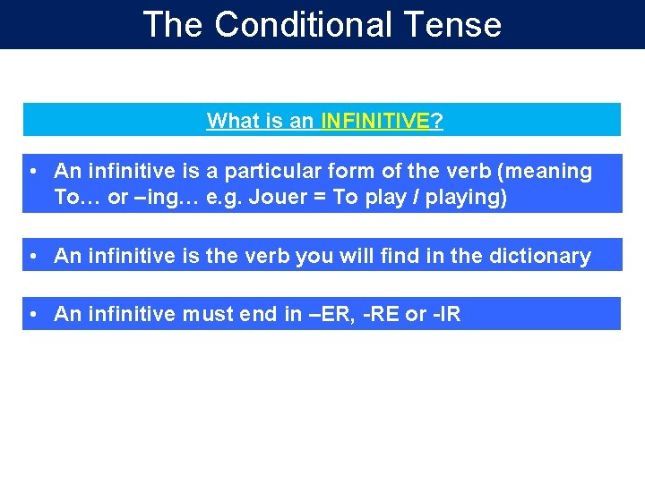 The Conditional Tense What is an INFINITIVE? • An infinitive is a particular form The Conditional Tense What is an INFINITIVE? • An infinitive is a particular form