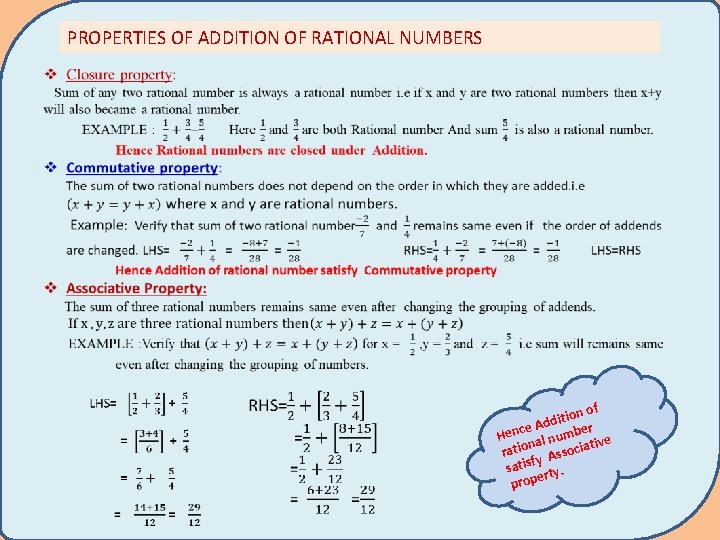 PROPERTIES OF ADDITION OF RATIONAL NUMBERS of tion i d d r e. A