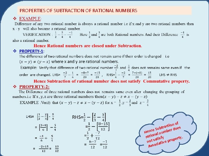 PROPERTIES OF SUBTRACTION OF RATIONAL NUMBERS f on o i t c a r